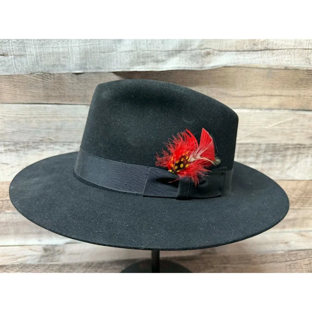 Millers Cowboy Hat Made by Imperial‎ Stetson Black Leather Red Feather Sz 7 1/8